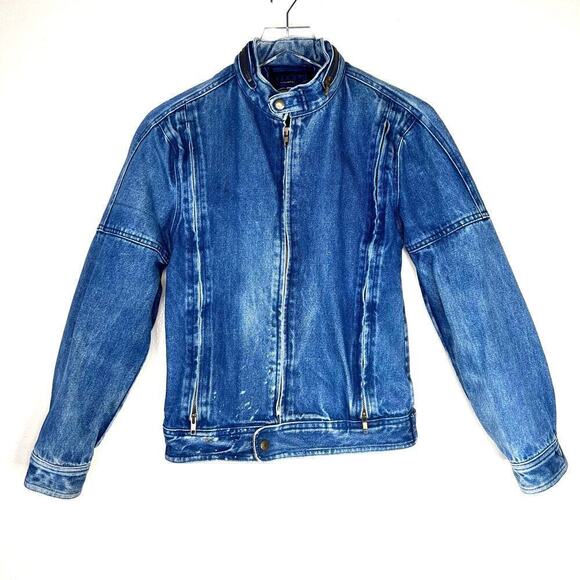 Vintage Jackets & Blazers - Vintage Cooper Sportswear Denim Jacket Moto Motorcycle Style Worn In SMALL 90s
